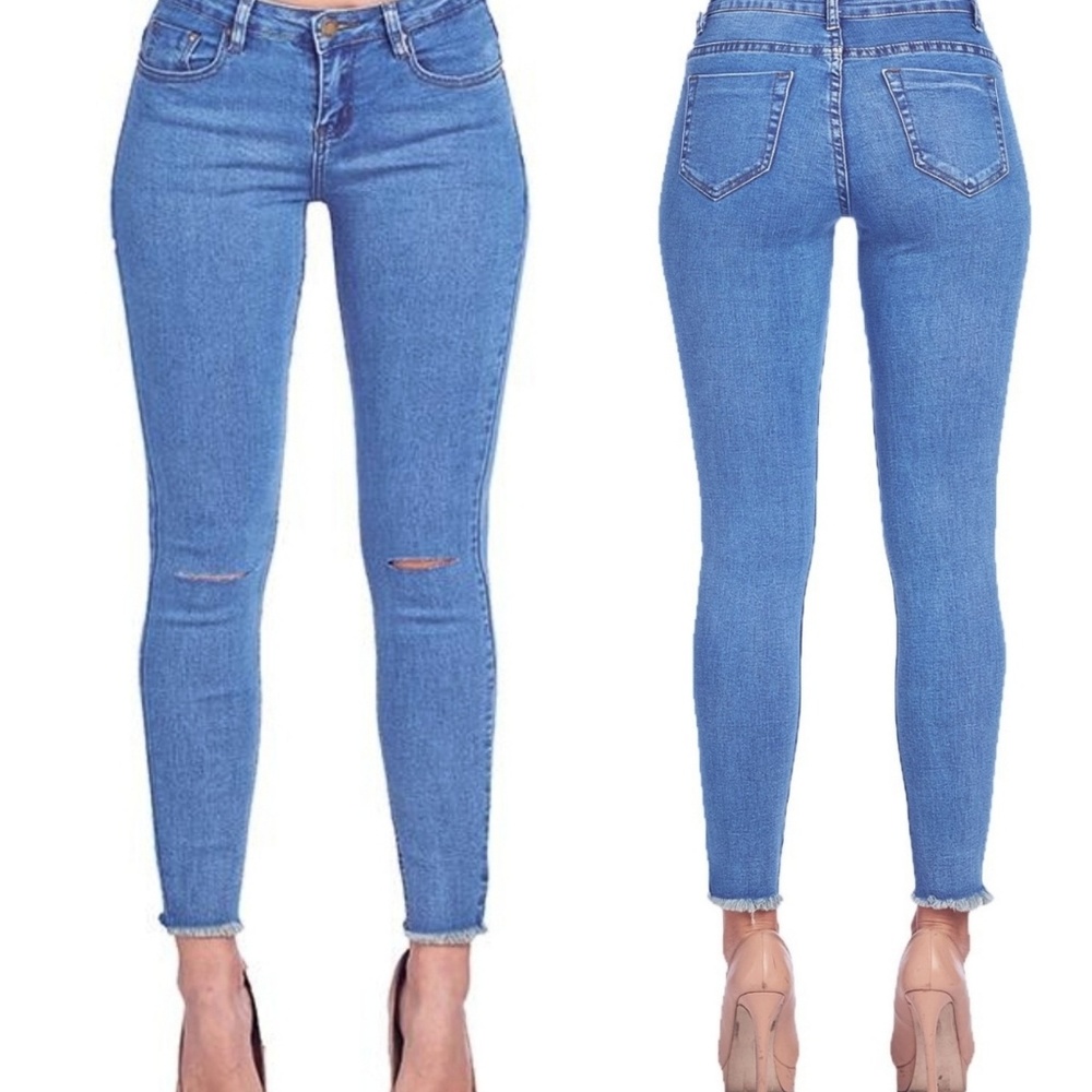 Fringed blue jeans